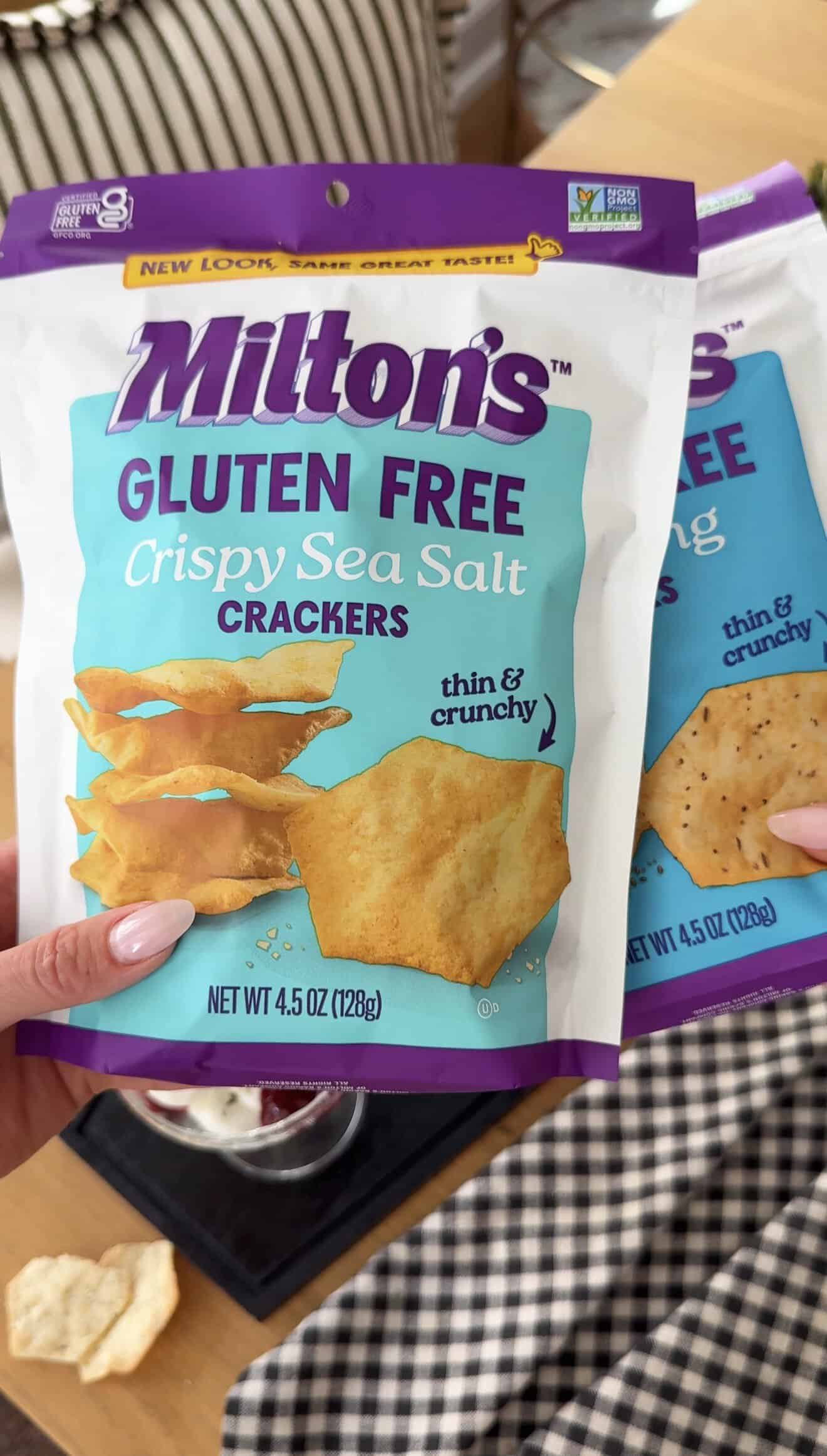 Gluten-free Milton's crackers with crispy texture and sea salt flavor.