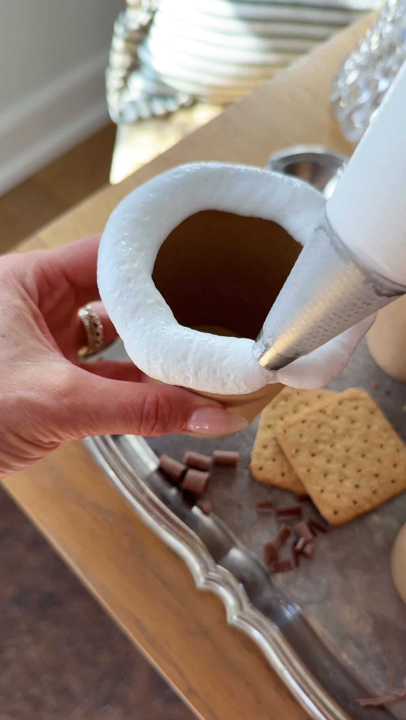 Handheld mug filled with hot cocoa and marshmallow fluff topping.