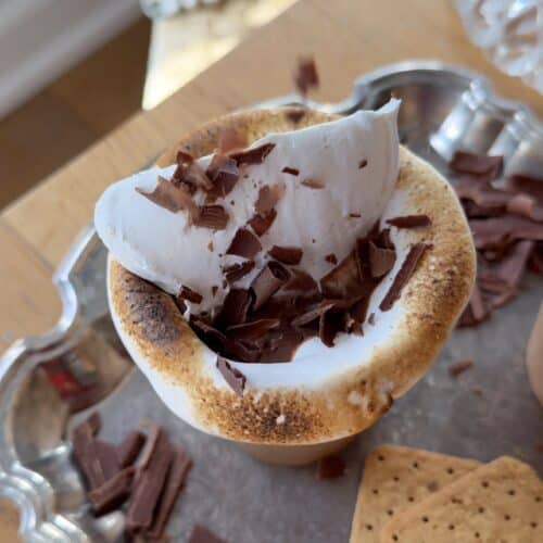 Hot cocoa cup with marshmallow and chocolate shavings.