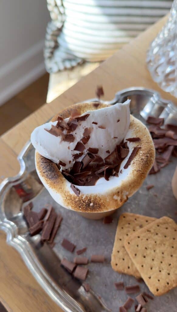 Hot cocoa cup with marshmallow and chocolate shavings.