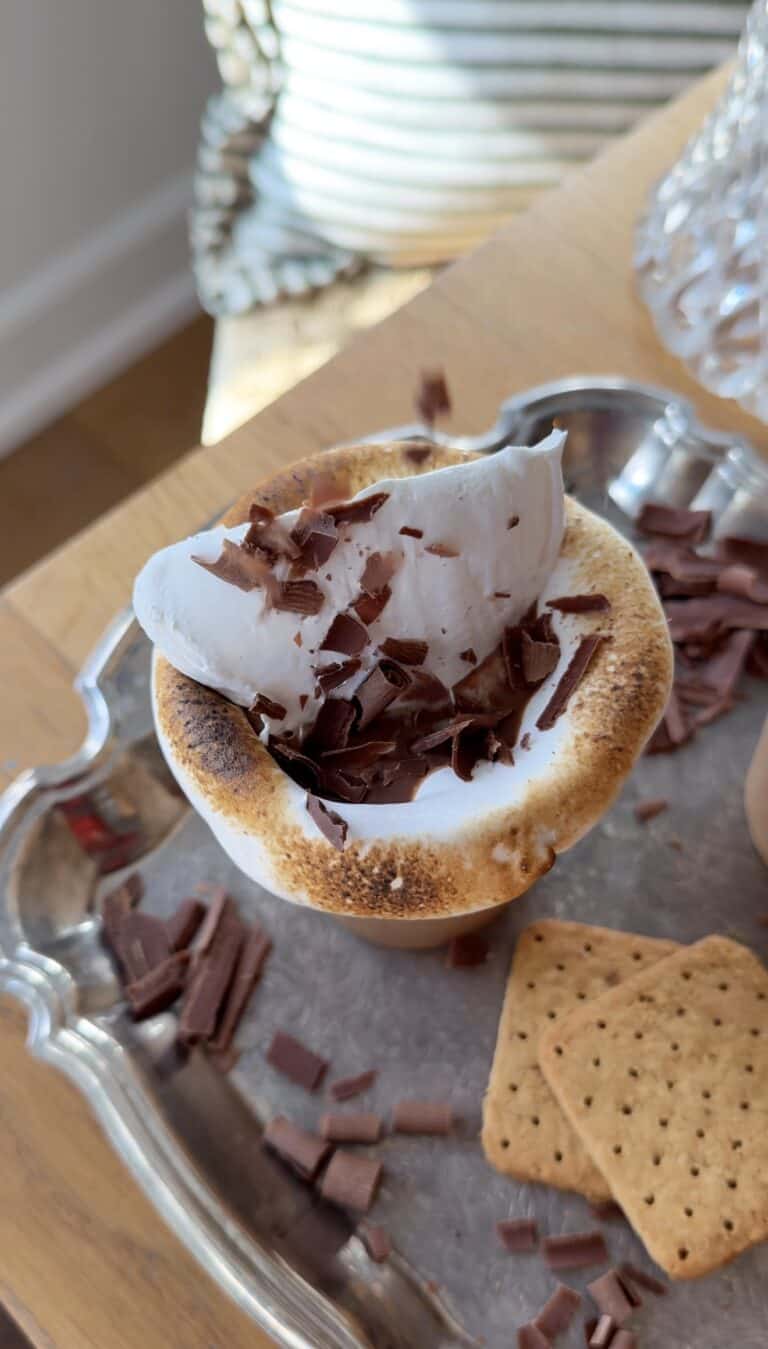 Hot cocoa cup with marshmallow and chocolate shavings.